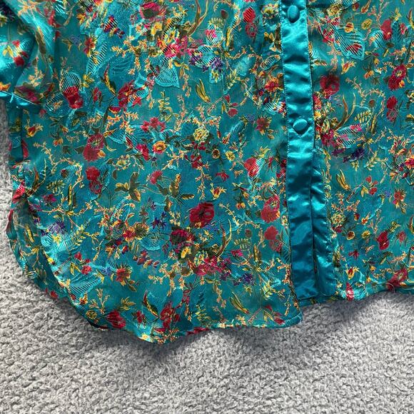 Vtg 90s VICTORIA'S SECRET Sheer Foral Button Down Sleep Shirt Small Teal Jewel - Picture 7 of 8